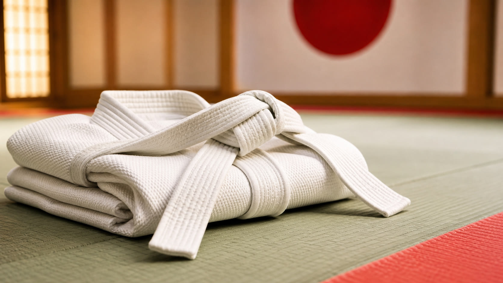 Judogi y cinturon de judo sobre el tatami
